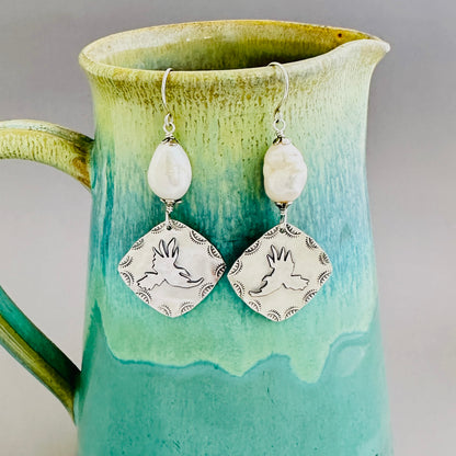 Red-Tailed Hawk Fused Argentium Silver Earrings with Baroque Pearls
