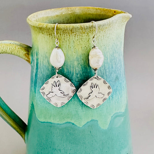Red-Tailed Hawk Fused Argentium Silver Earrings with Baroque Pearls