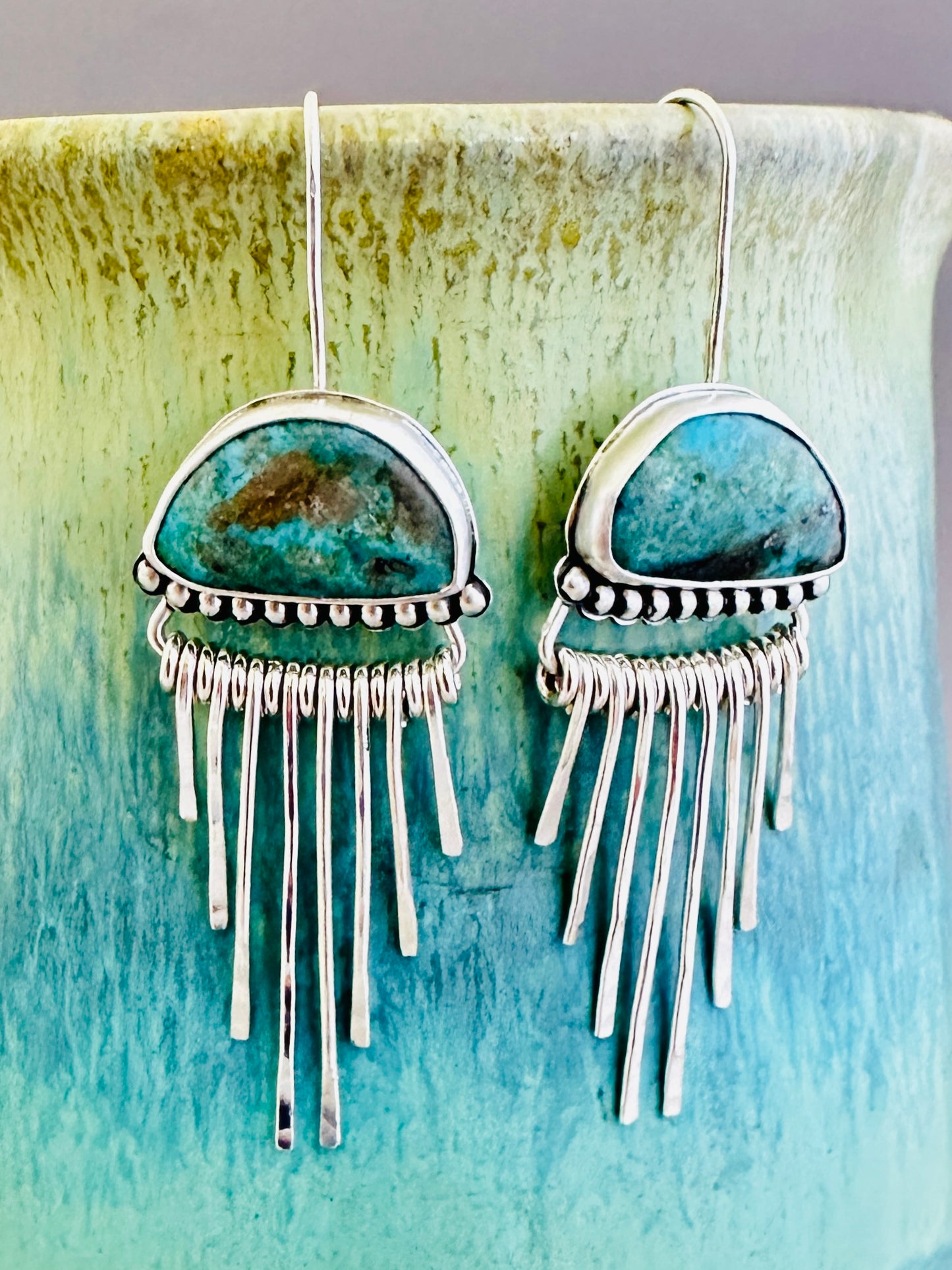 Morenci Turquoise and Sterling Silver Fringe Earrings, Rain Clouds