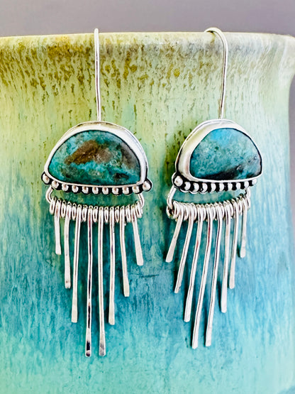 Morenci Turquoise and Sterling Silver Fringe Earrings, Rain Clouds