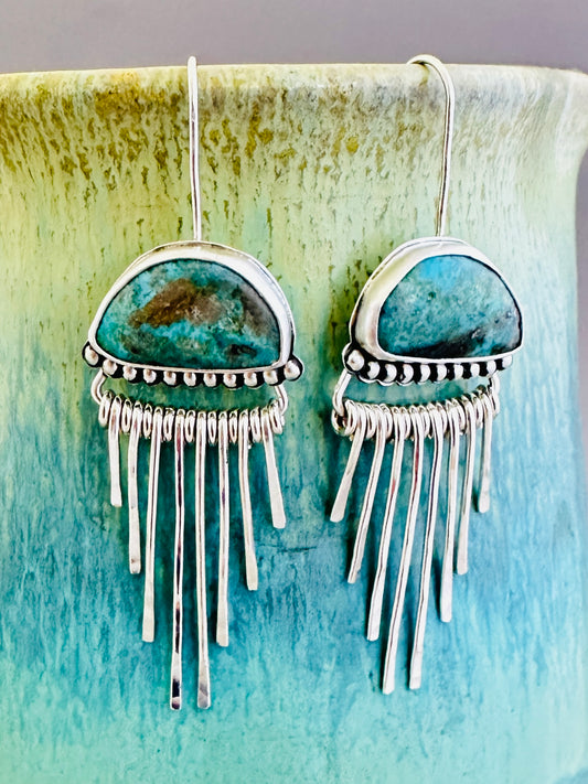 Morenci Turquoise and Sterling Silver Fringe Earrings, Rain Clouds