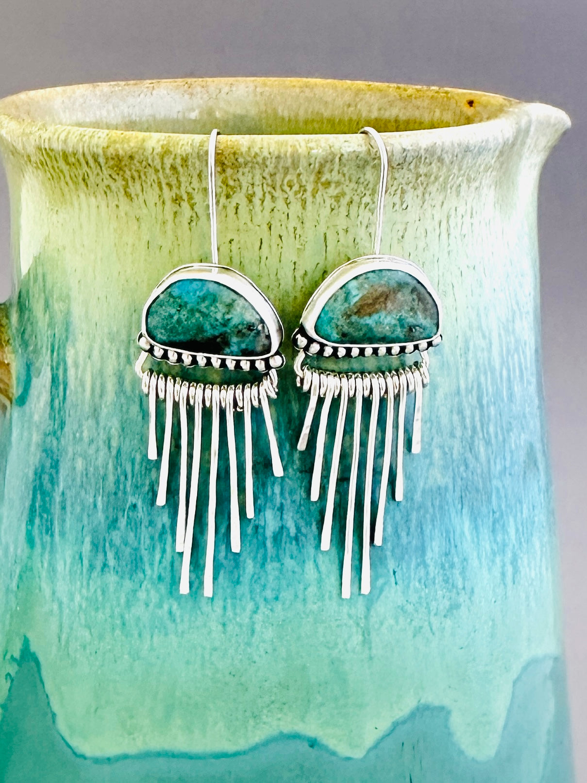 Morenci Turquoise and Sterling Silver Fringe Earrings, Rain Clouds