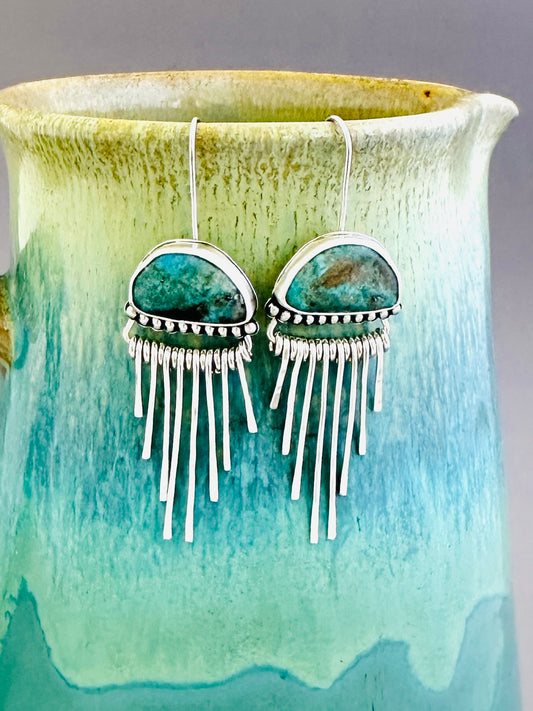 Morenci Turquoise and Sterling Silver Fringe Earrings, Rain Clouds