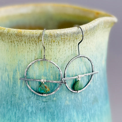 Turquoise and Hammered Sterling Circle Earrings