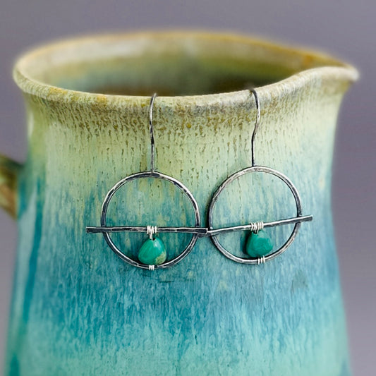 Turquoise and Hammered Sterling Circle Earrings