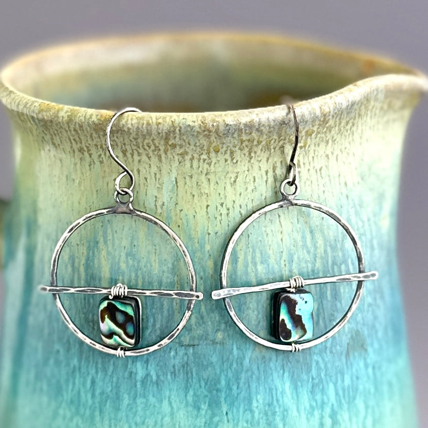 Paua Shell and Hammered Sterling Circle Earrings