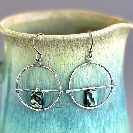 Paua Shell and Hammered Sterling Circle Earrings