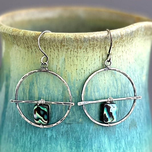 Paua Shell and Hammered Sterling Circle Earrings