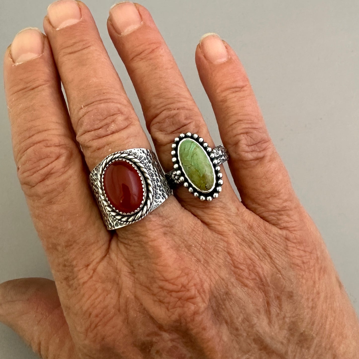 Tyrone Turquoise and Sterling Silver Ring, Turquoise Solitaire Ring, Beaded Bezel, SIZE 7.75