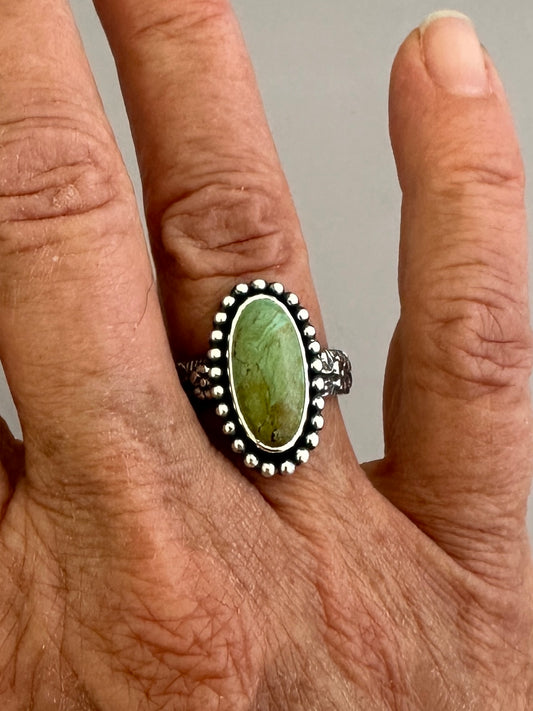 Tyrone Turquoise and Sterling Silver Ring, Turquoise Solitaire Ring, Beaded Bezel, SIZE 7.75
