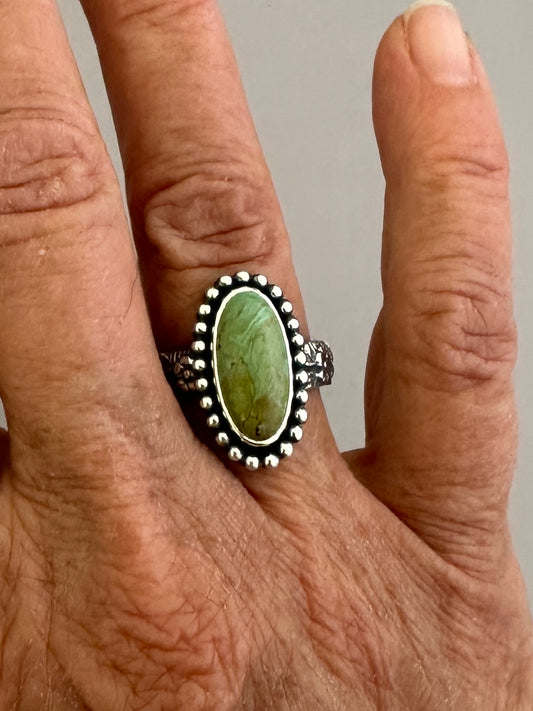 Tyrone Turquoise and Sterling Silver Ring, Turquoise Solitaire Ring, Beaded Bezel, SIZE 7.75