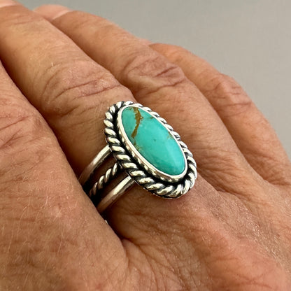 Kingman Turquoise and Sterling Silver Ring, Turquoise Solitaire Ring, Roped Bezel, SIZE 7.5
