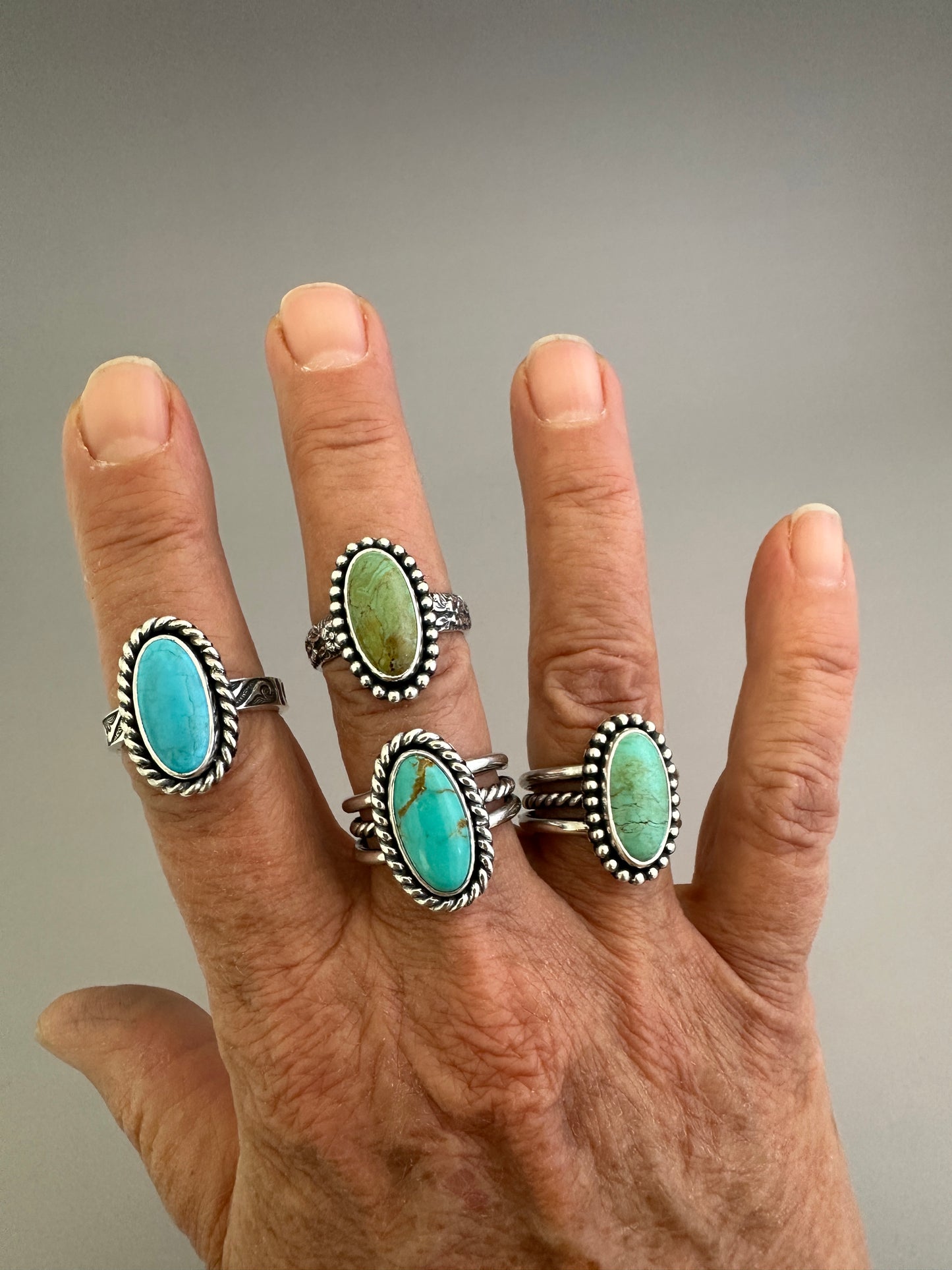 Tyrone Turquoise and Sterling Silver Ring, Turquoise Solitaire Ring, Beaded Bezel, SIZE 7.0