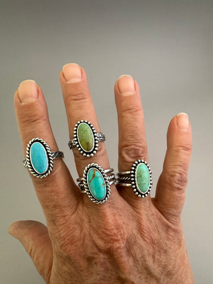 Tyrone Turquoise and Sterling Silver Ring, Turquoise Solitaire Ring, Beaded Bezel, SIZE 7.0