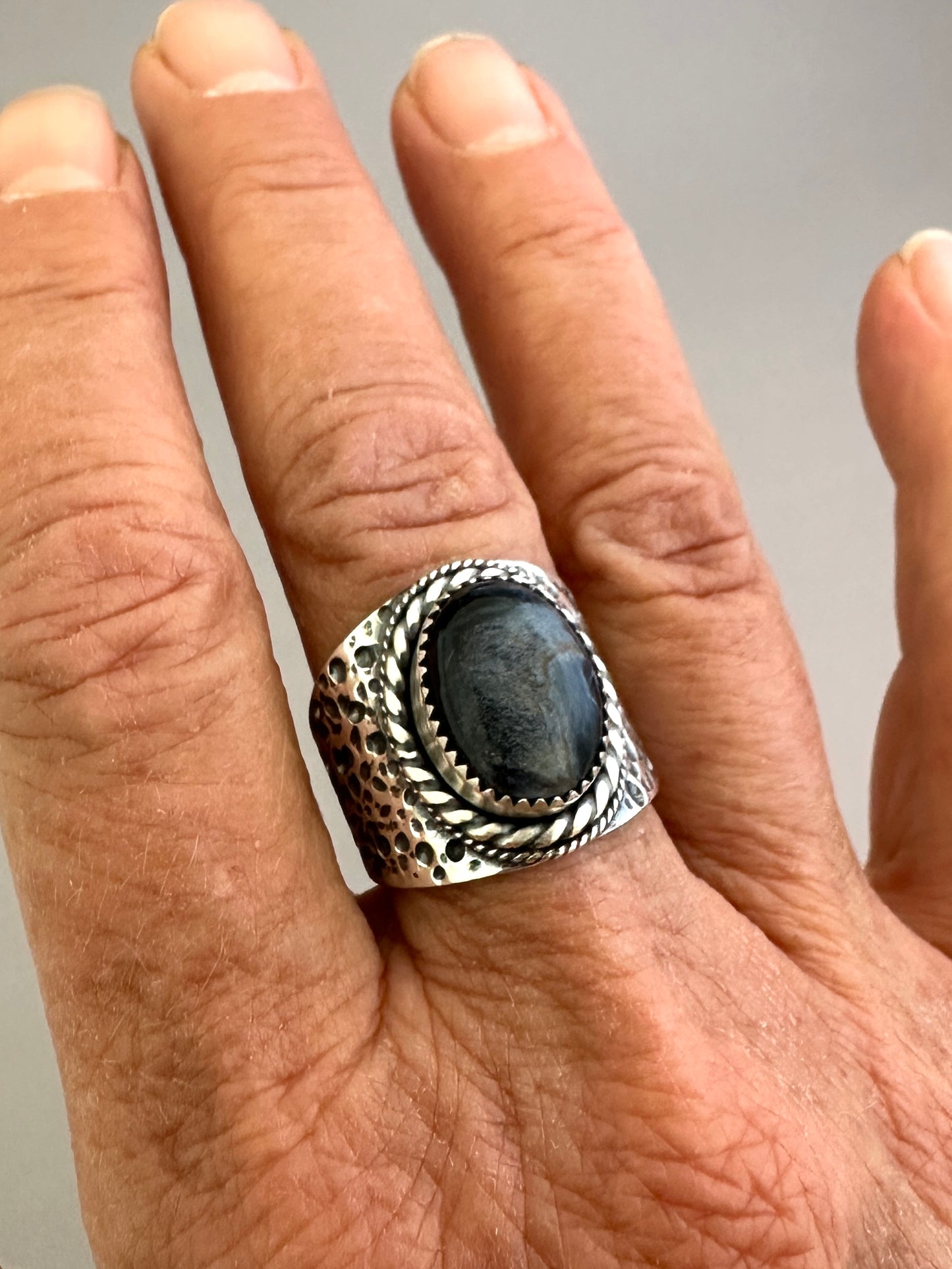 The Wanderlust Ring in Stormy Pietersite, Textured Sterling Statement Ring with Roped Bezel, SIZE 8.5