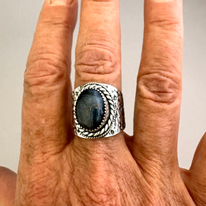 The Wanderlust Ring in Stormy Pietersite, Textured Sterling Statement Ring with Roped Bezel, SIZE 8.5