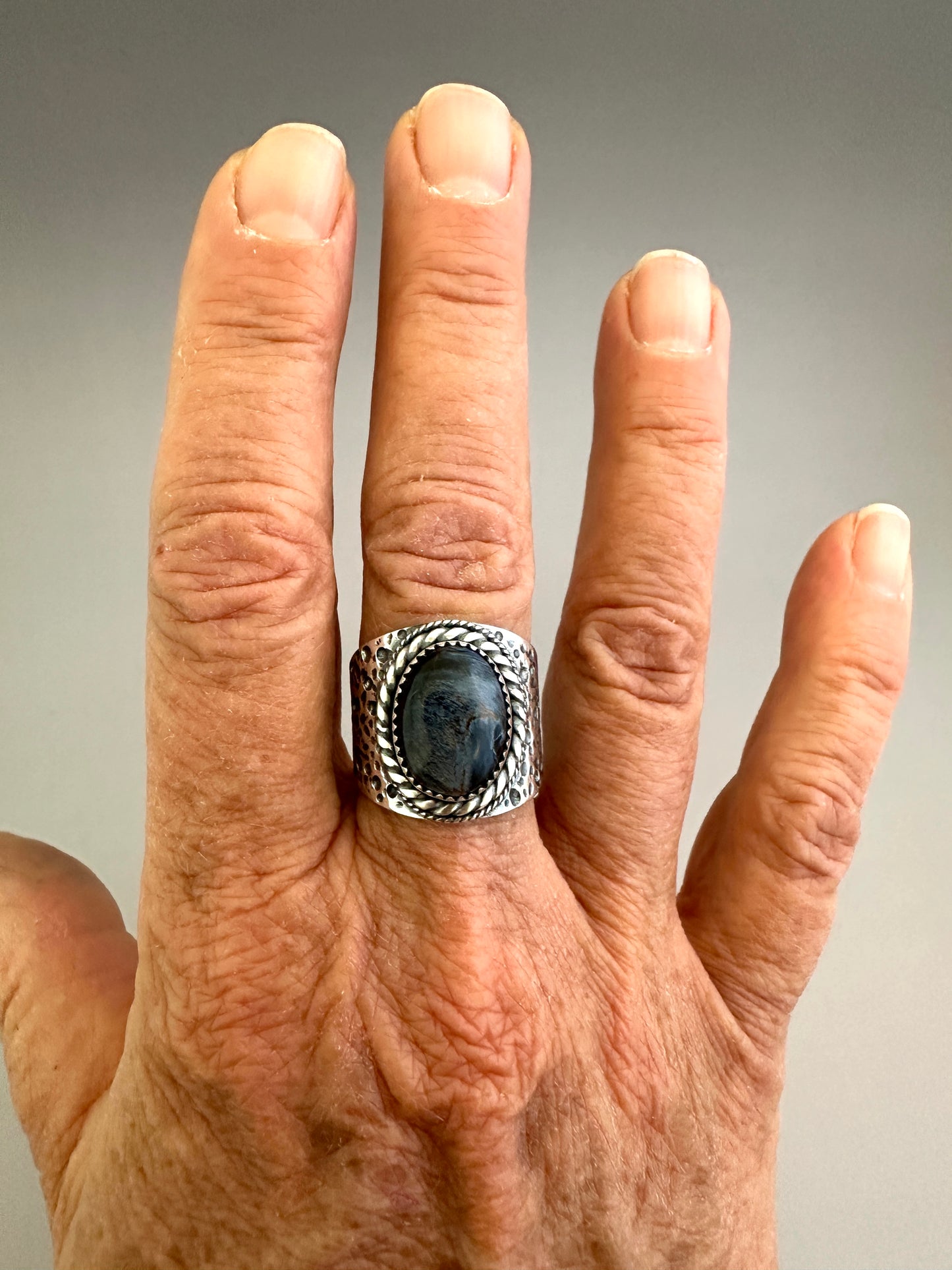 The Wanderlust Ring in Stormy Pietersite, Textured Sterling Statement Ring with Roped Bezel, SIZE 8.5