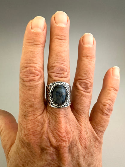 The Wanderlust Ring in Stormy Pietersite, Textured Sterling Statement Ring with Roped Bezel, SIZE 8.5
