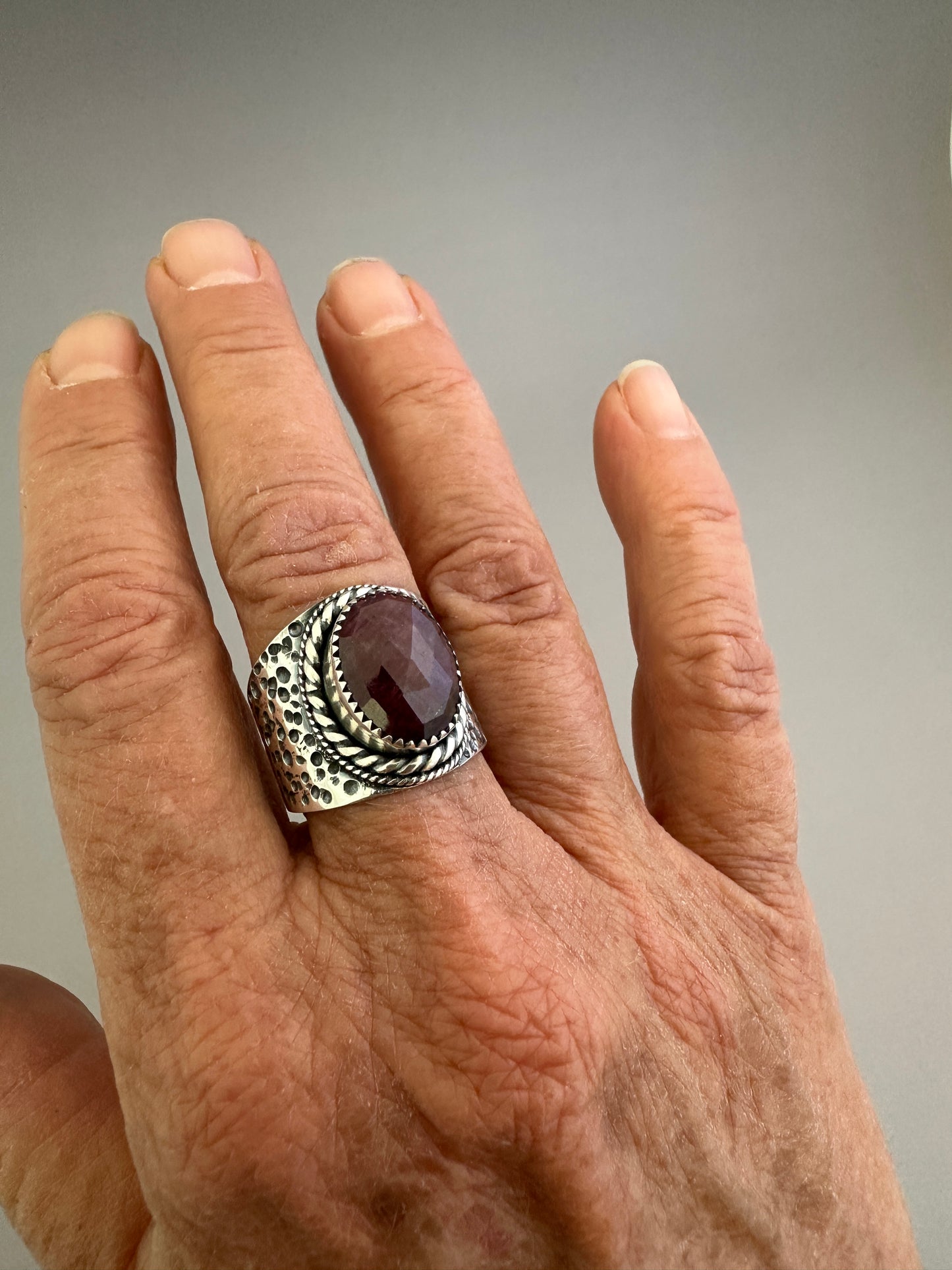 The Wanderlust Ring in Ruby Sapphire, Textured Sterling Statement Ring with Roped Bezel
