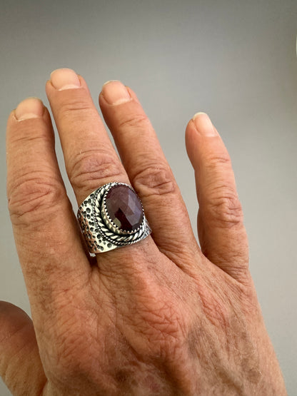 The Wanderlust Ring in Ruby Sapphire, Textured Sterling Statement Ring with Roped Bezel