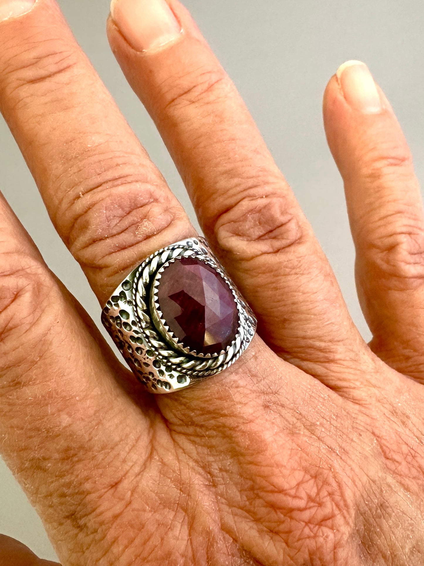 The Wanderlust Ring in Ruby Sapphire, Textured Sterling Statement Ring with Roped Bezel