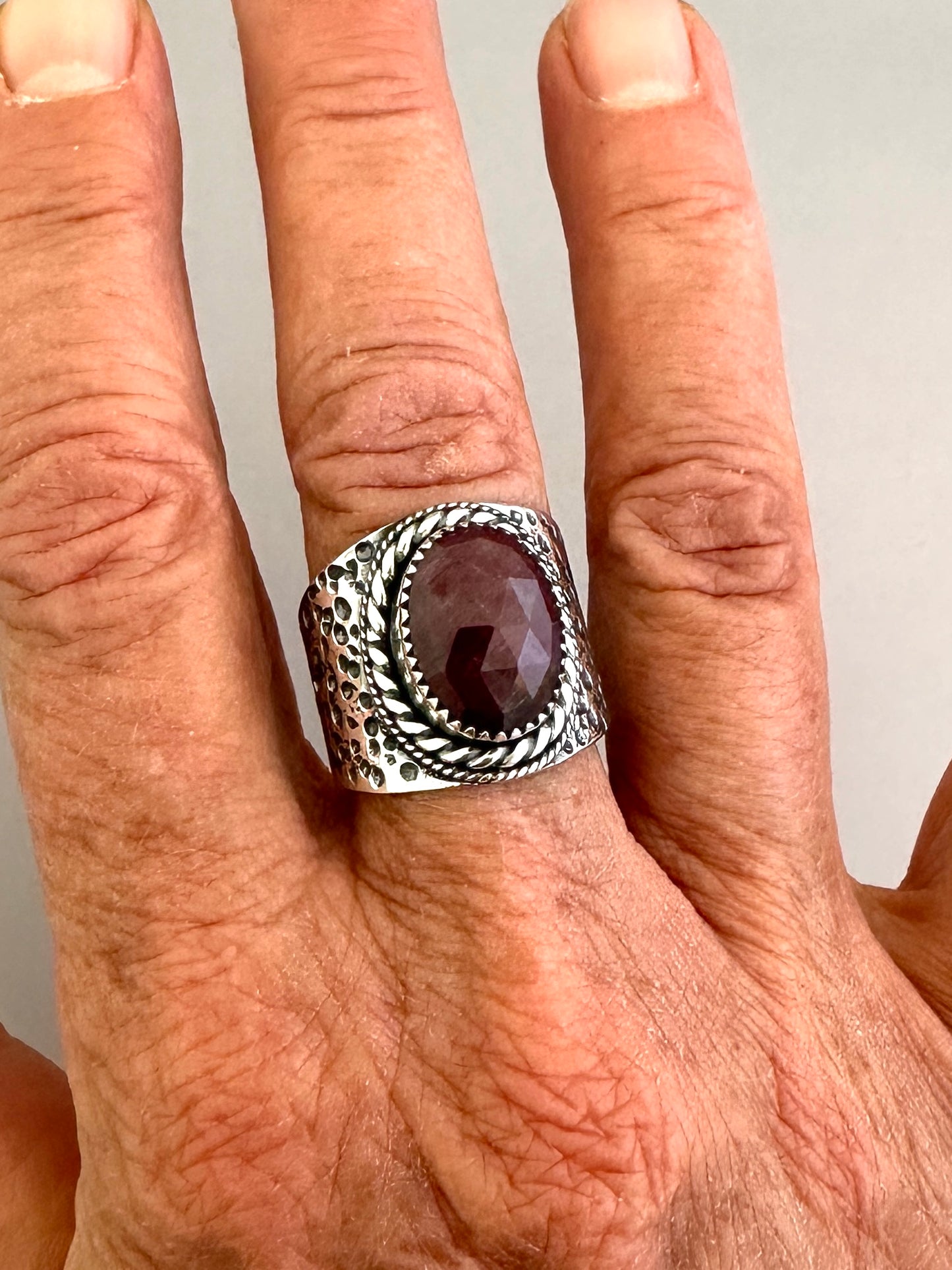 The Wanderlust Ring in Ruby Sapphire, Textured Sterling Statement Ring with Roped Bezel