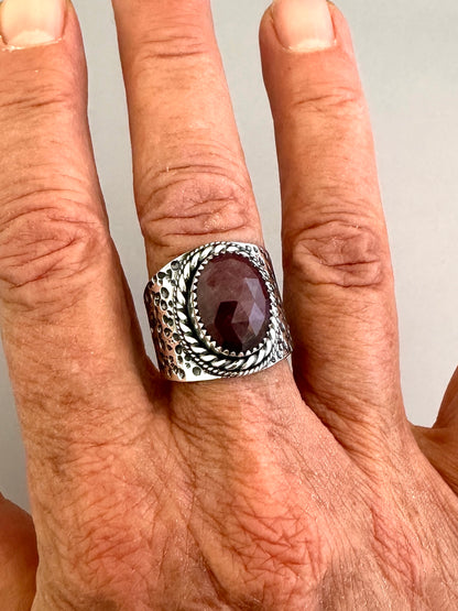 The Wanderlust Ring in Ruby Sapphire, Textured Sterling Statement Ring with Roped Bezel