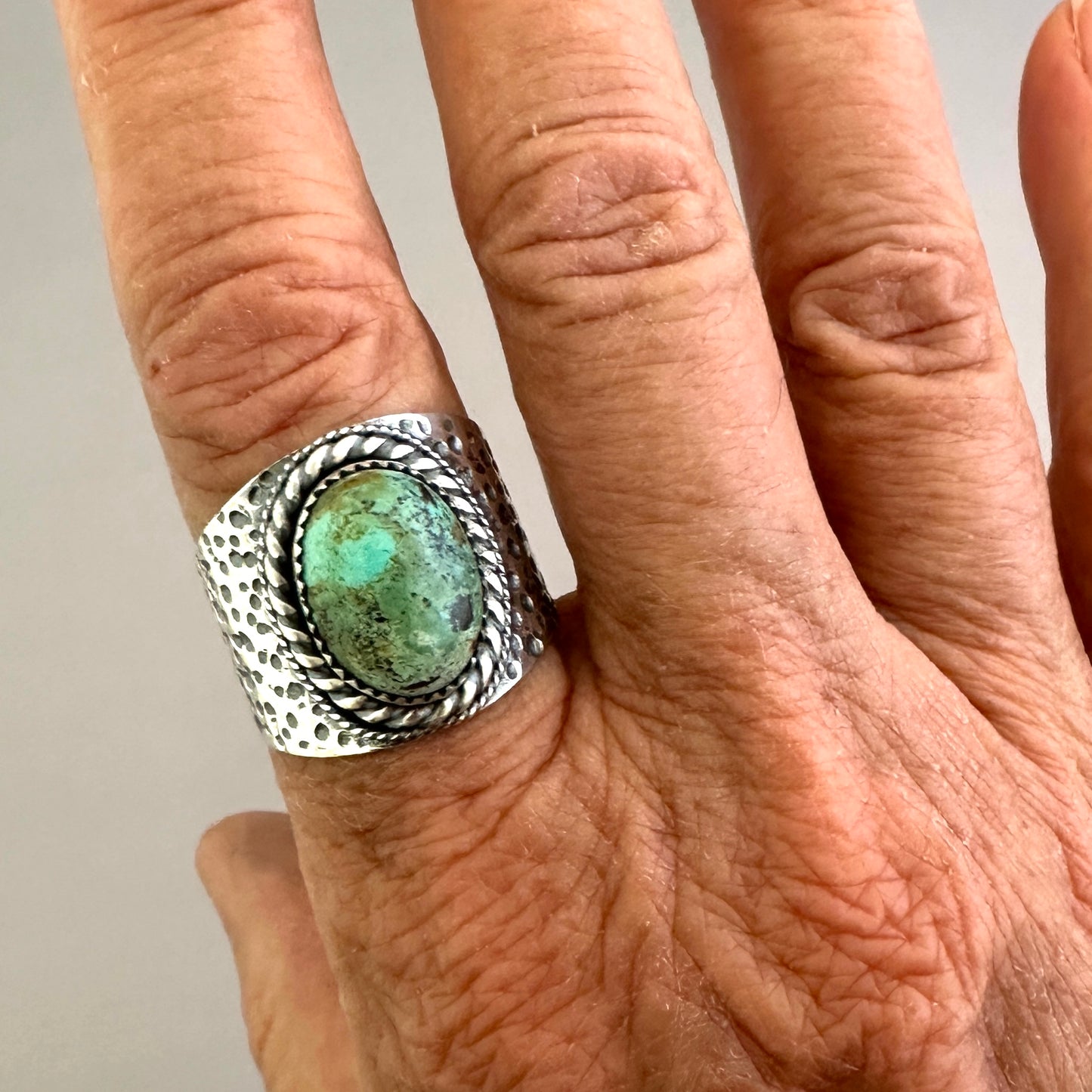 The Wanderlust Ring in Desert Turquoise, Textured Sterling Statement Ring with Roped Bezel, SIZE 10.25