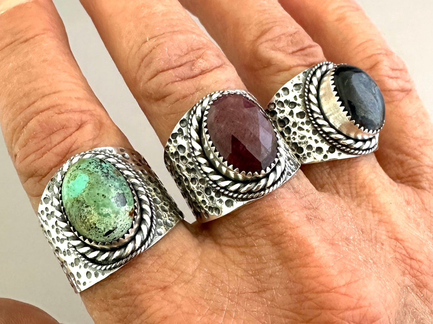 The Wanderlust Ring in Desert Turquoise, Textured Sterling Statement Ring with Roped Bezel, SIZE 10.25