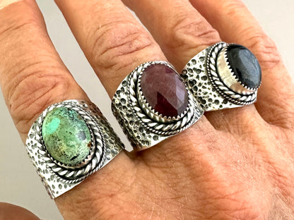 The Wanderlust Ring in Desert Turquoise, Textured Sterling Statement Ring with Roped Bezel, SIZE 10.25