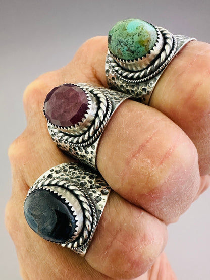The Wanderlust Ring in Desert Turquoise, Textured Sterling Statement Ring with Roped Bezel, SIZE 10.25