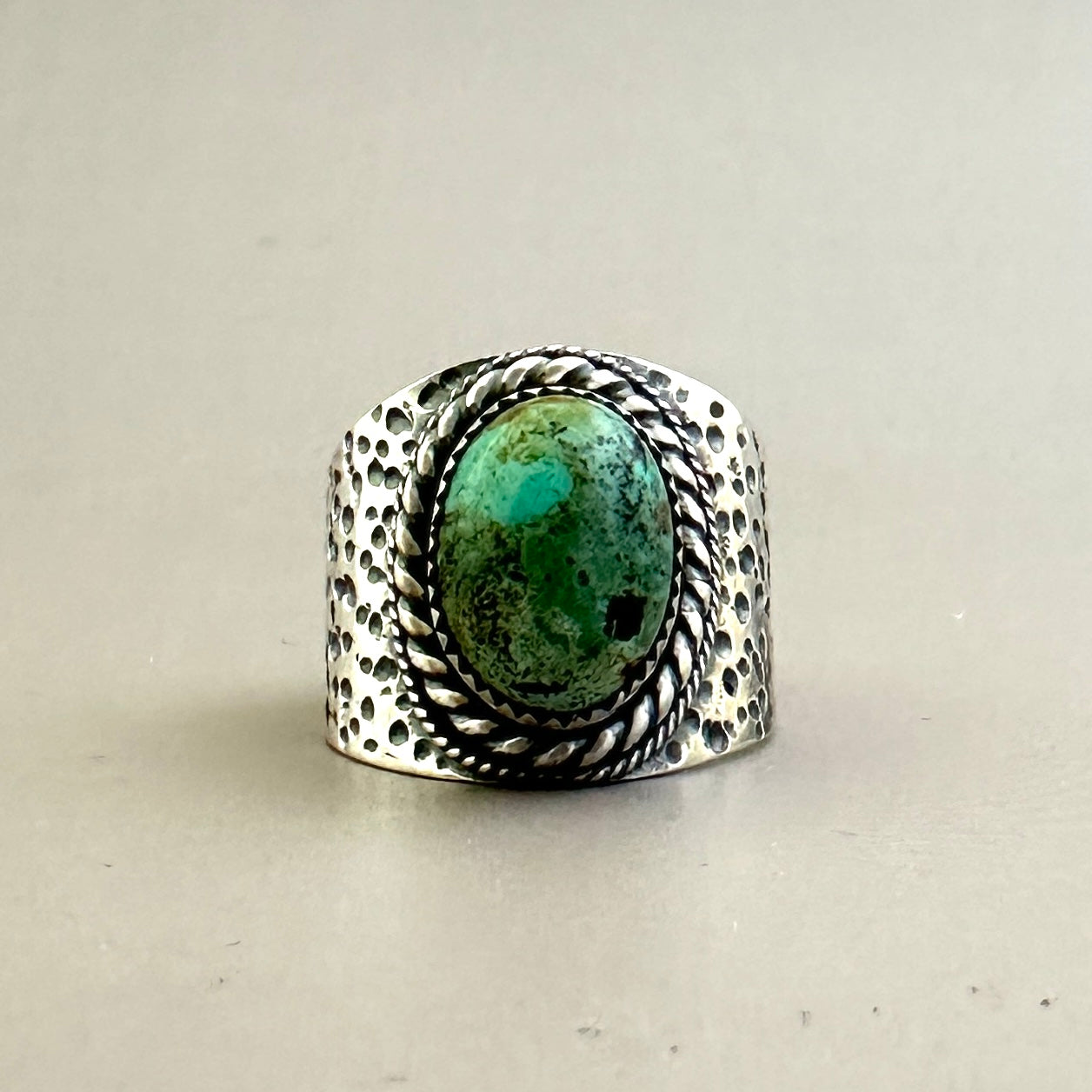 The Wanderlust Ring in Desert Turquoise, Textured Sterling Statement Ring with Roped Bezel, SIZE 10.25