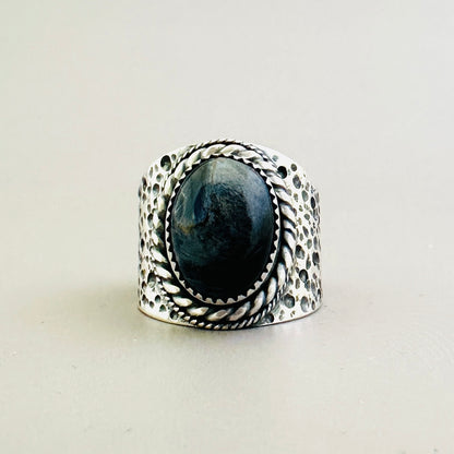 The Wanderlust Ring in Stormy Pietersite, Textured Sterling Statement Ring with Roped Bezel, SIZE 8.5