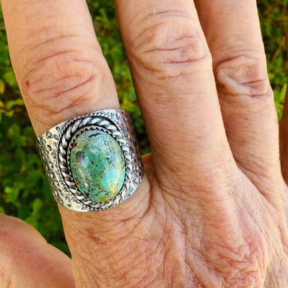 The Wanderlust Ring in Desert Turquoise, Textured Sterling Statement Ring with Roped Bezel, SIZE 10.25