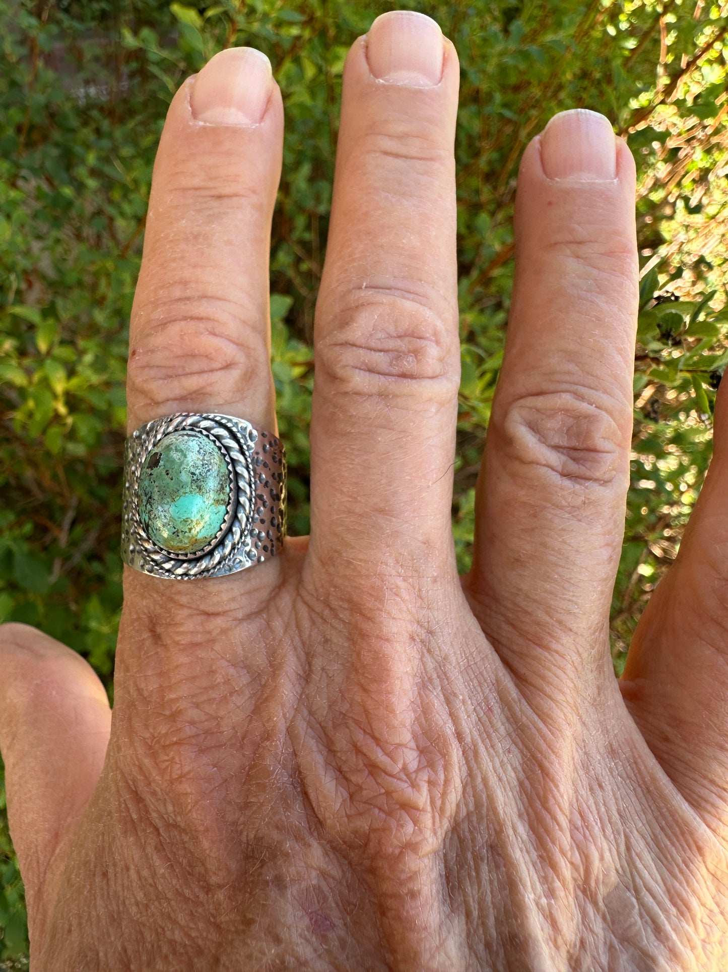 The Wanderlust Ring in Desert Turquoise, Textured Sterling Statement Ring with Roped Bezel, SIZE 10.25