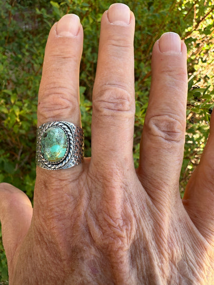 The Wanderlust Ring in Desert Turquoise, Textured Sterling Statement Ring with Roped Bezel, SIZE 10.25