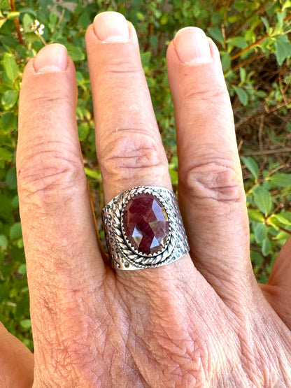 The Wanderlust Ring in Ruby Sapphire, Textured Sterling Statement Ring with Roped Bezel