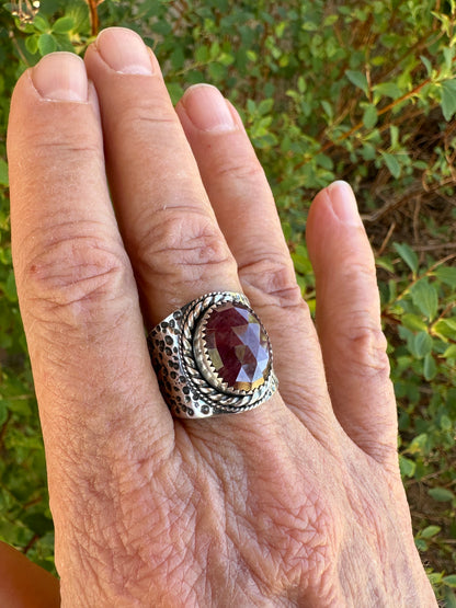 The Wanderlust Ring in Ruby Sapphire, Textured Sterling Statement Ring with Roped Bezel