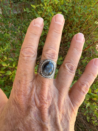 The Wanderlust Ring in Stormy Pietersite, Textured Sterling Statement Ring with Roped Bezel, SIZE 8.5
