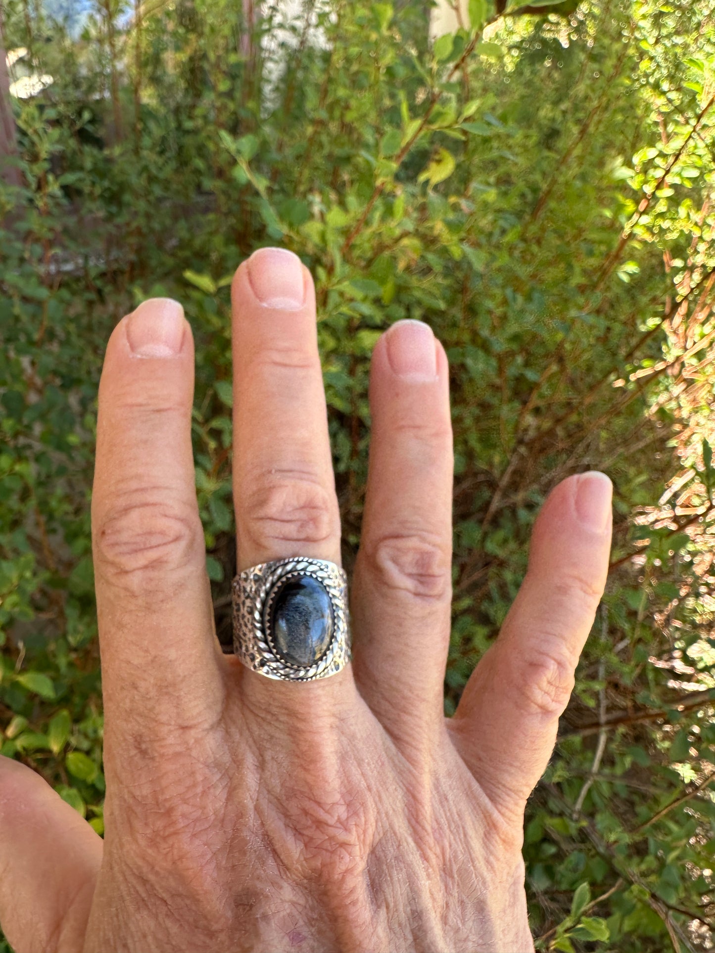 The Wanderlust Ring in Stormy Pietersite, Textured Sterling Statement Ring with Roped Bezel, SIZE 8.5