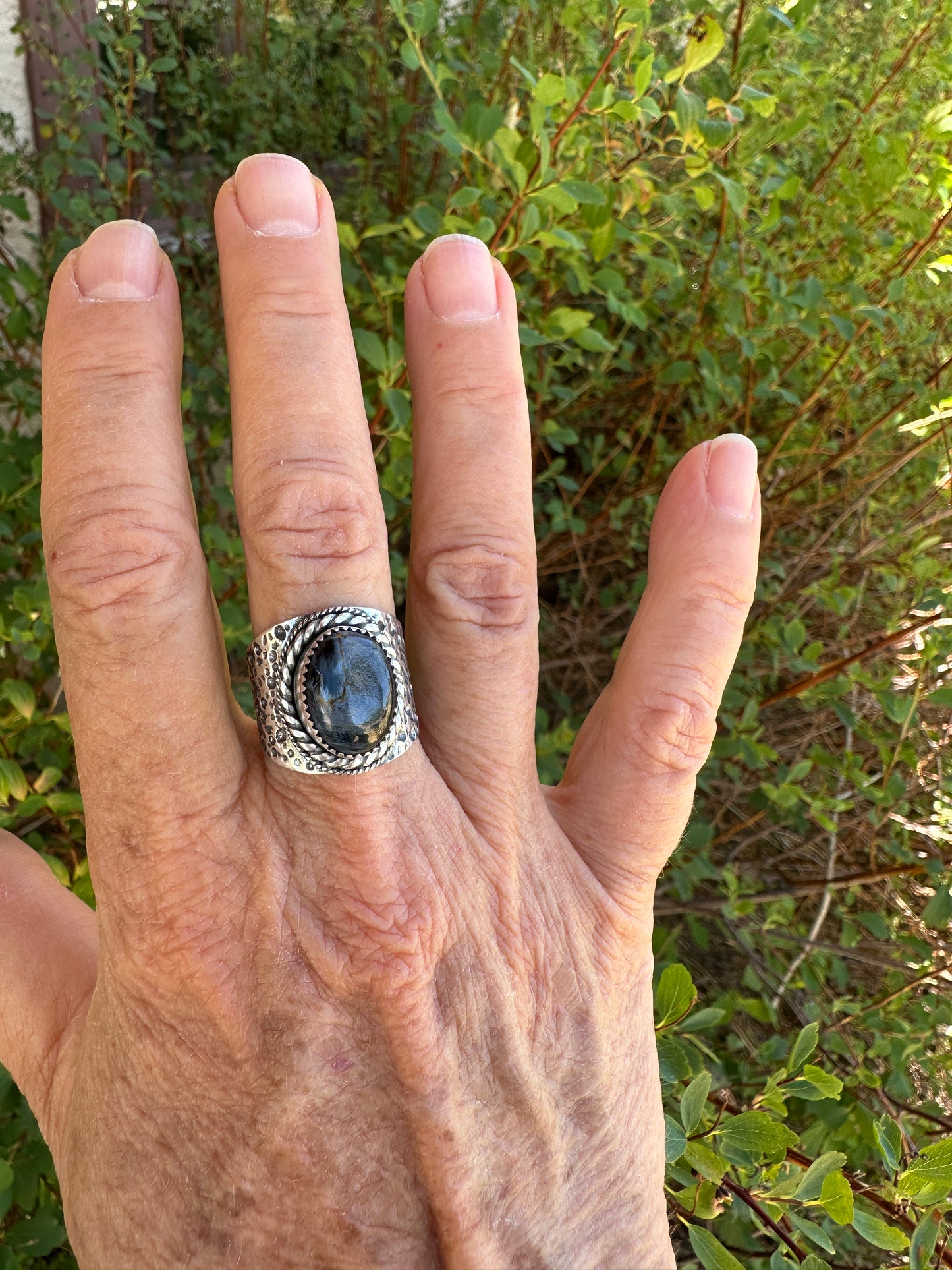 The Wanderlust Ring in Stormy Pietersite, Textured Sterling Statement Ring with Roped Bezel, SIZE 8.5
