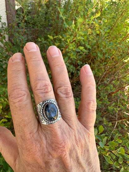 The Wanderlust Ring in Stormy Pietersite, Textured Sterling Statement Ring with Roped Bezel, SIZE 8.5