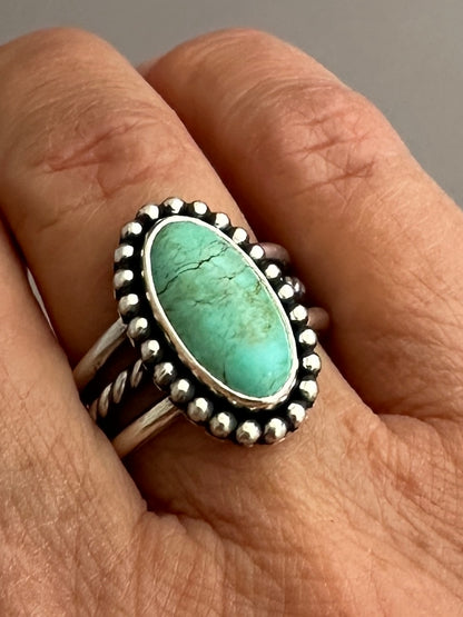 Tyrone Turquoise and Sterling Silver Ring, Turquoise Solitaire Ring, Beaded Bezel, SIZE 7.0