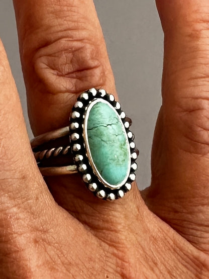 Tyrone Turquoise and Sterling Silver Ring, Turquoise Solitaire Ring, Beaded Bezel, SIZE 7.0