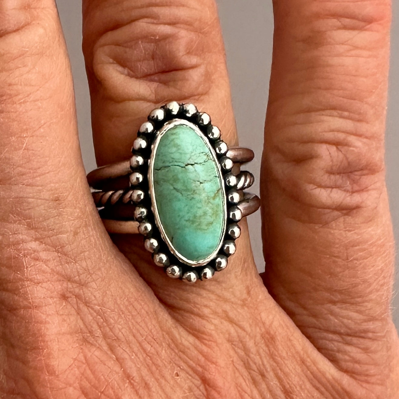 Tyrone Turquoise and Sterling Silver Ring, Turquoise Solitaire Ring, Beaded Bezel, SIZE 7.0