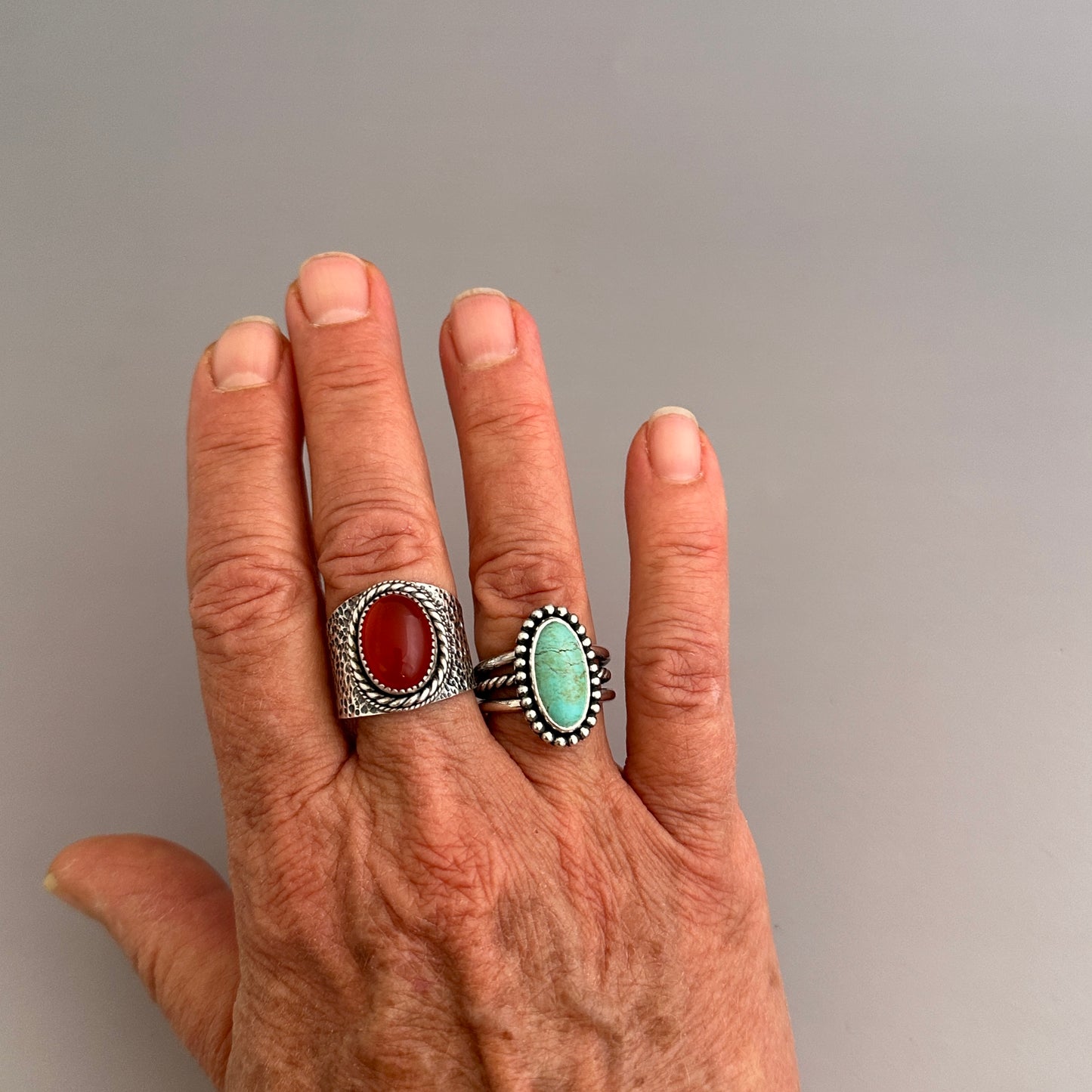 Tyrone Turquoise and Sterling Silver Ring, Turquoise Solitaire Ring, Beaded Bezel, SIZE 7.0