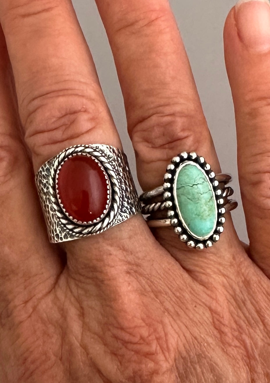 Tyrone Turquoise and Sterling Silver Ring, Turquoise Solitaire Ring, Beaded Bezel, SIZE 7.0