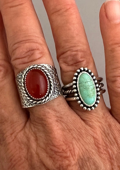 Tyrone Turquoise and Sterling Silver Ring, Turquoise Solitaire Ring, Beaded Bezel, SIZE 7.0
