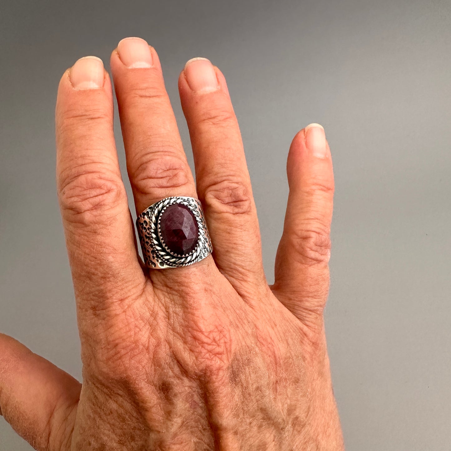 The Wanderlust Ring in Ruby Sapphire, Textured Sterling Statement Ring with Roped Bezel