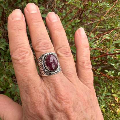 The Wanderlust Ring in Ruby Sapphire, Textured Sterling Statement Ring with Roped Bezel